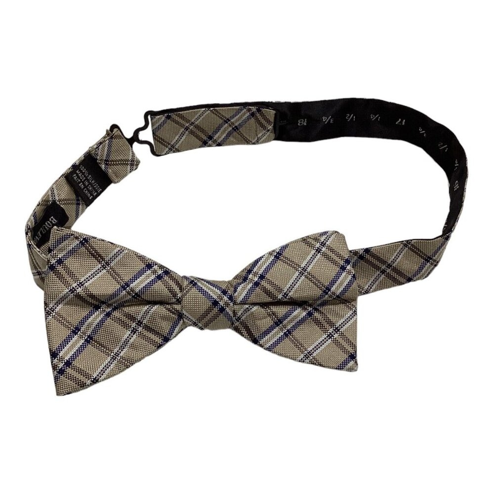 BOULEVARD CLUB Beige Plaids & Checks Silk Bow Tie 2.2" EC